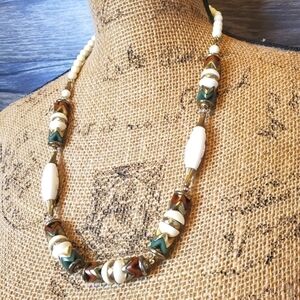 Tribal Boho Beaded Necklace Floral Geometrical Design Earth Tones
